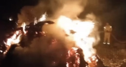 Adana’nın Feke ilçesinde, tarlada alev alan ekin yığını yandı.