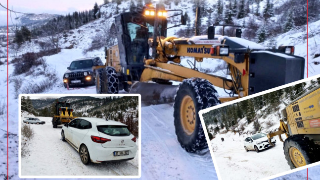 MERSİN’DE KAR NEDENİYLE ARAÇLARINDA MAHSUR KALAN 12 KİŞİYE  İŞ MAKİNASIYLA ULAŞILDI