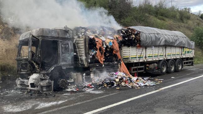 Adana’da geri dönüşüm malzemesi yüklü tırda çıkan yangın sonucu tır kullanılamaz hale geldi