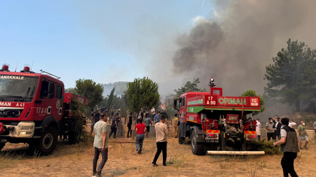 ÇANAKKALE’DE TARIM ARAZİSİNDE BAŞLAYIP ORMANA SIÇRAYAN YANGINA MÜDAHALE EDİLİYOR