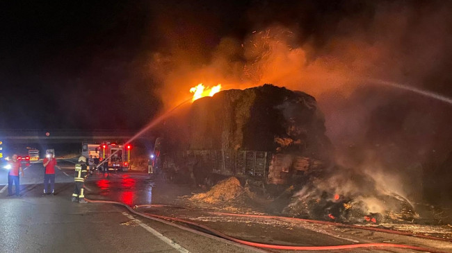 ADANA’DA SEYİR HALİNDEKİ SAMAN YÜKLÜ TIR     ALEV ALEV YANARAK KÜL OLDU