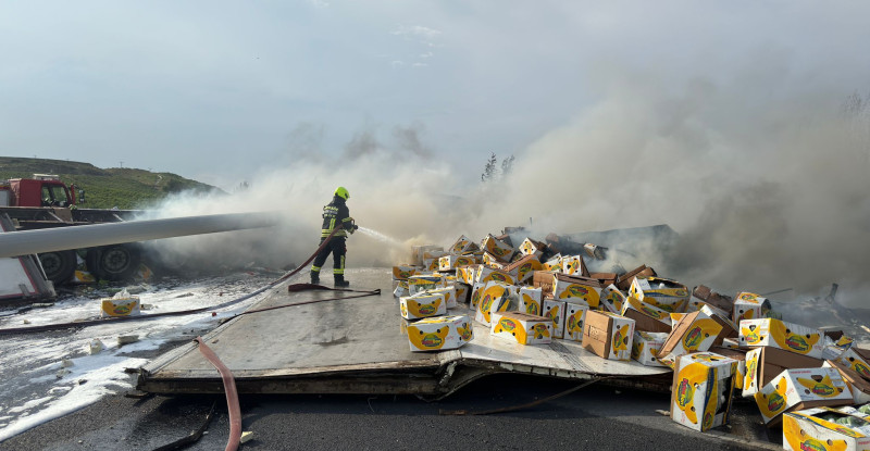 MERSİN’DE DEVRİLEREK YANAN MUZ YÜKLÜ TIRIN SÜRÜCÜSÜ YARALANDI