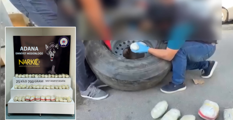 Adana’da tırda yedek lastiğe gizlenmiş 25 kilo 700 gram sentetik uyuşturucu bulundu